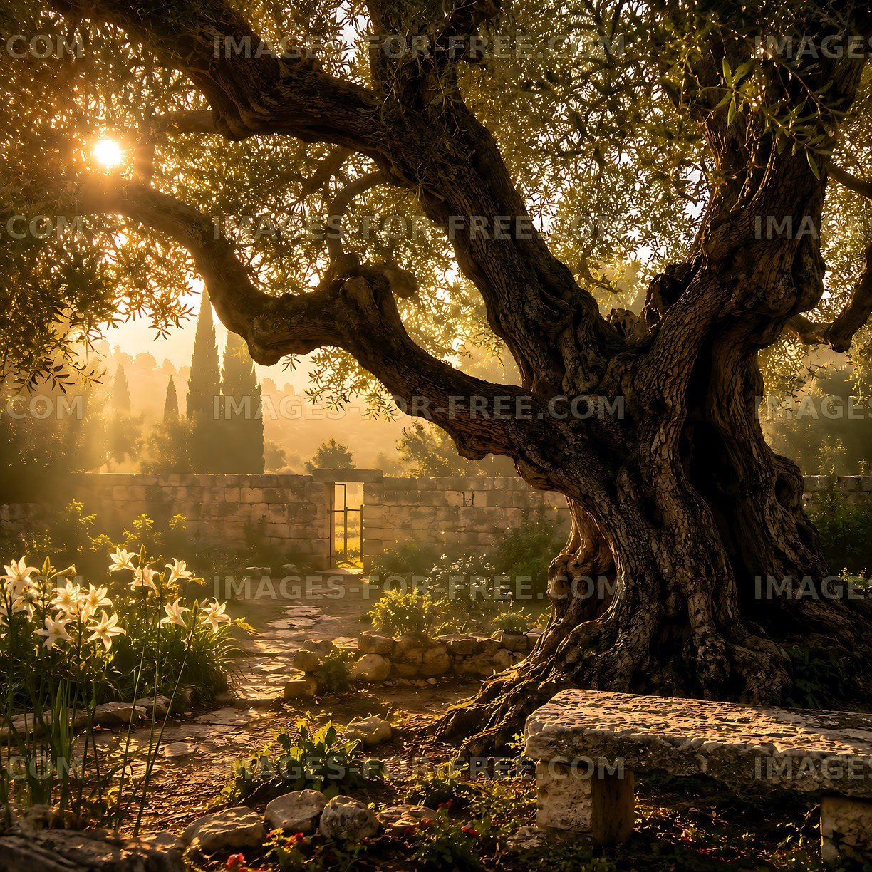Sunlight filters through an olive tree in a serene garden