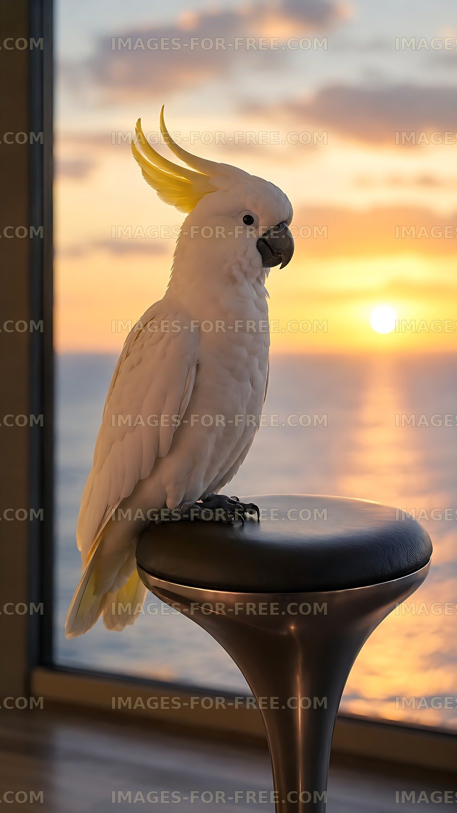 Cockatoo perched on stool overlooking sunset at sea