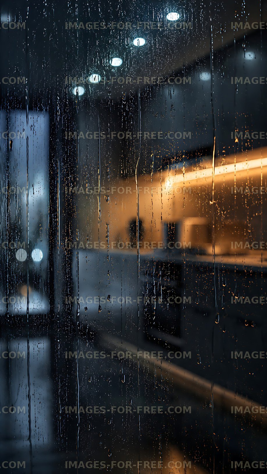 Kitchen interior view through rain-covered glass window at night