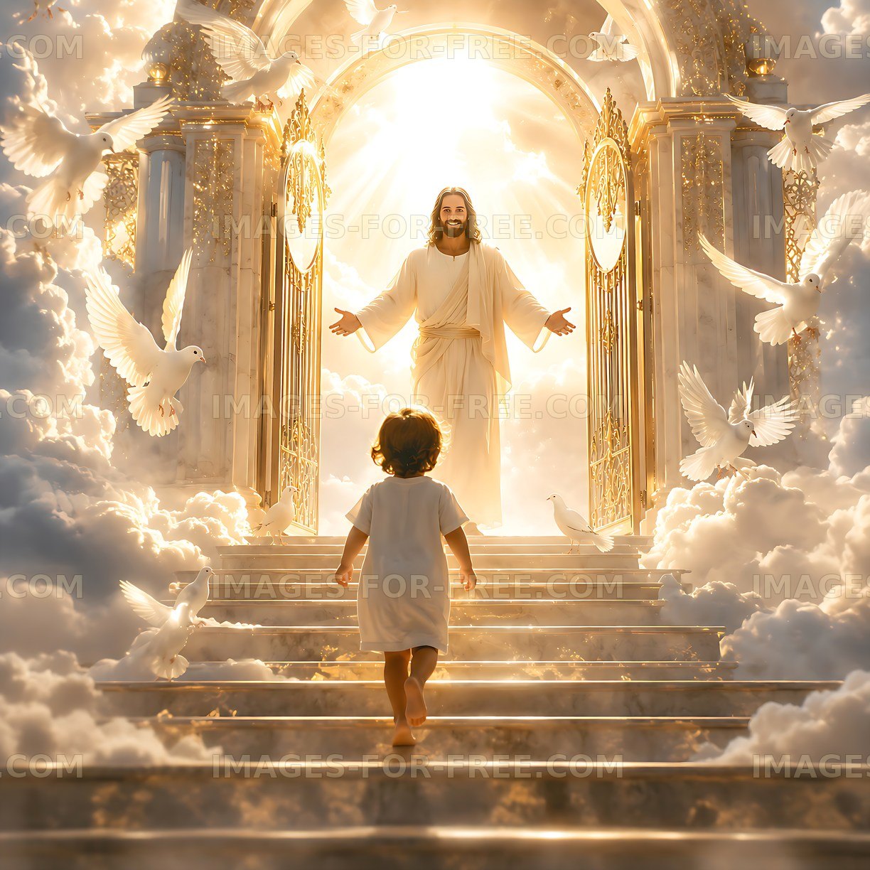 Child walking towards Jesus in a bright heavenly scene