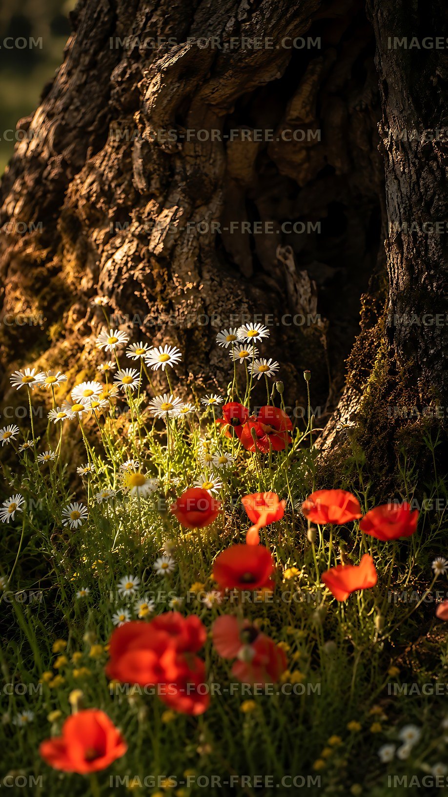 Bright flowers beside an old tree trunk in a natural setting