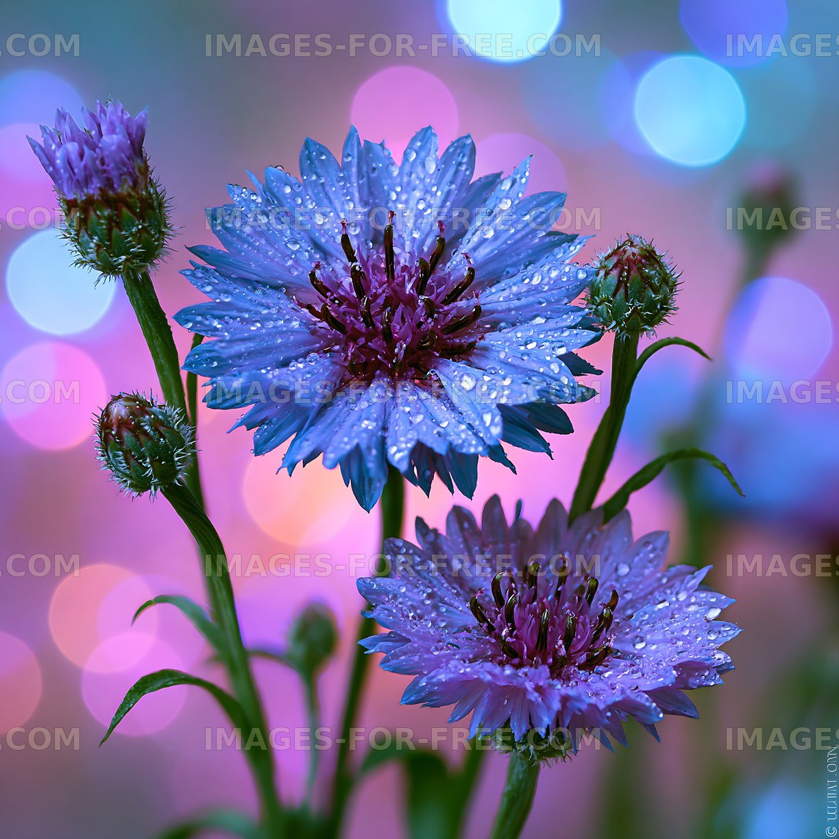 Purple flowers with water droplets against a colorful background
