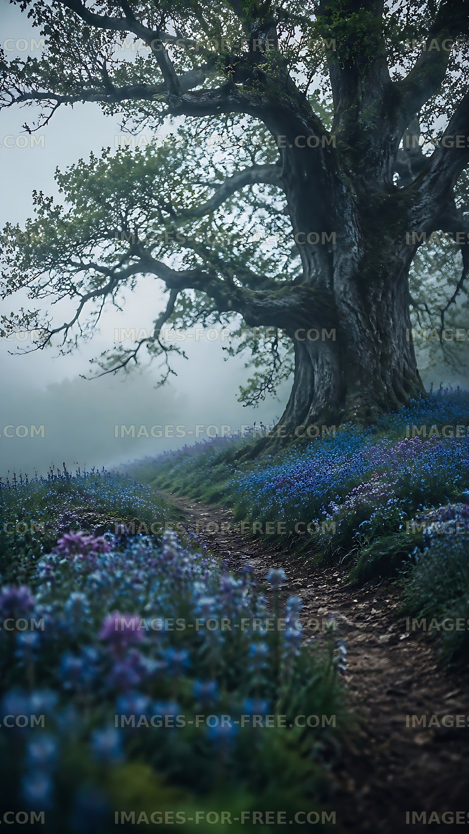 Path through blue flowers and a large tree in fog
