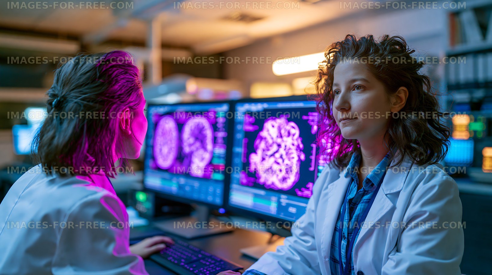 Scientists analyzing brain scans in a lab