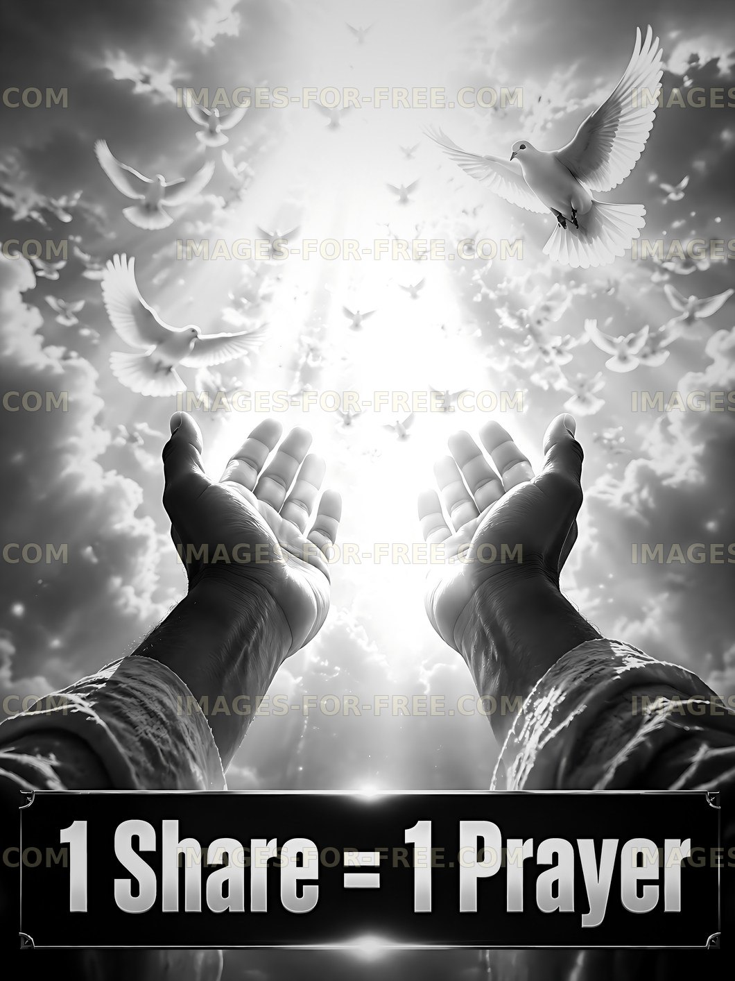Hands reaching towards light with flying doves above