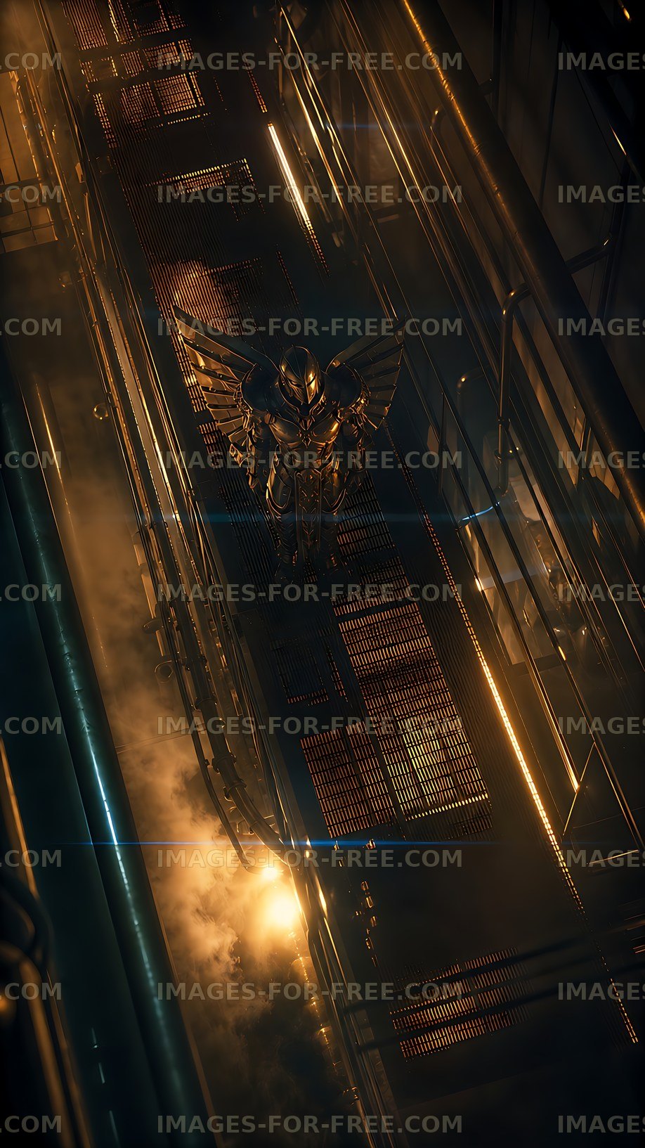 Golden armored figure in industrial setting with glowing lights