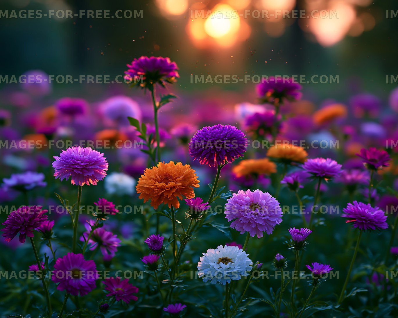 Colorful flowers blooming at sunset in a garden