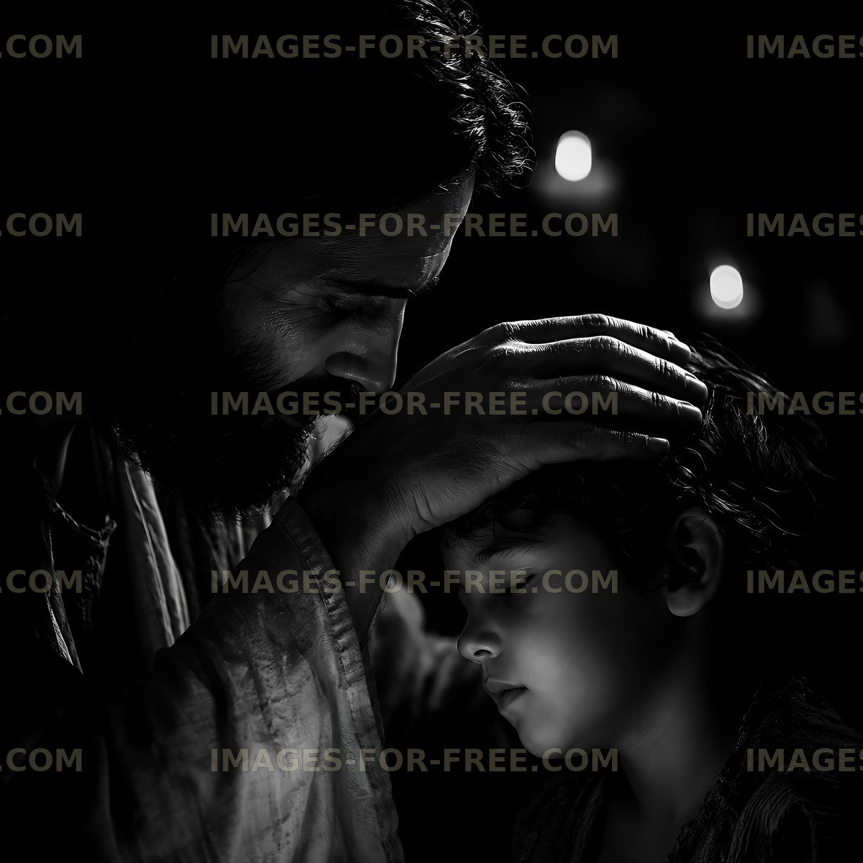 Man blessing child in dimly lit environment
