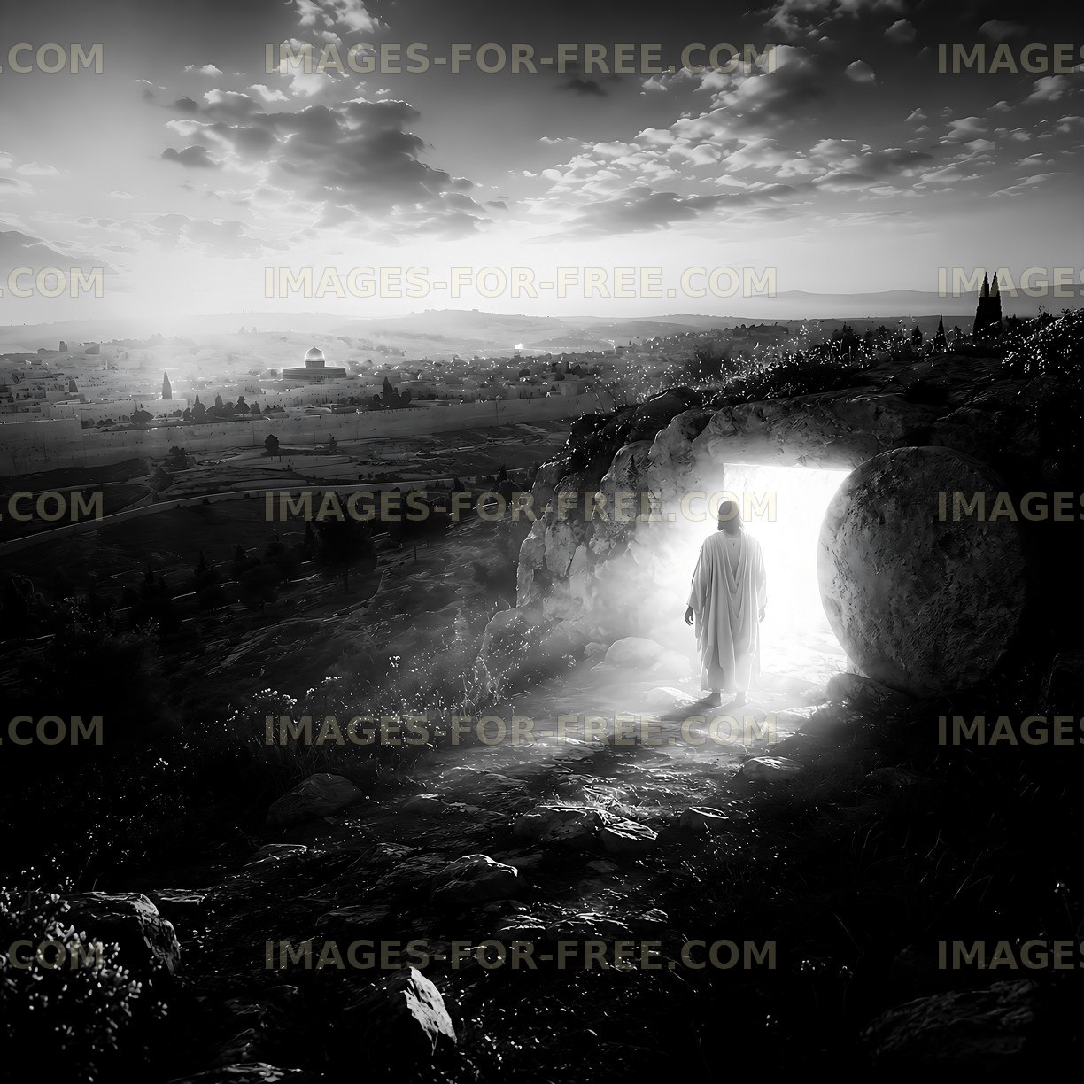 Figure emerging from a cave in a desert landscape