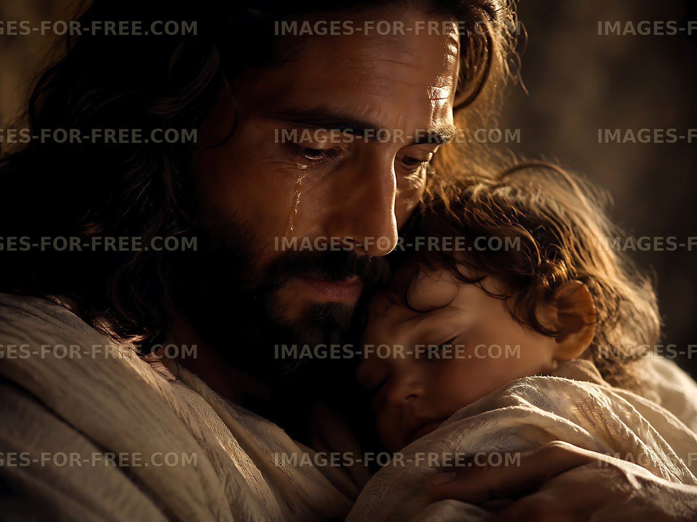 Father holding sleeping child with tears in his eyes