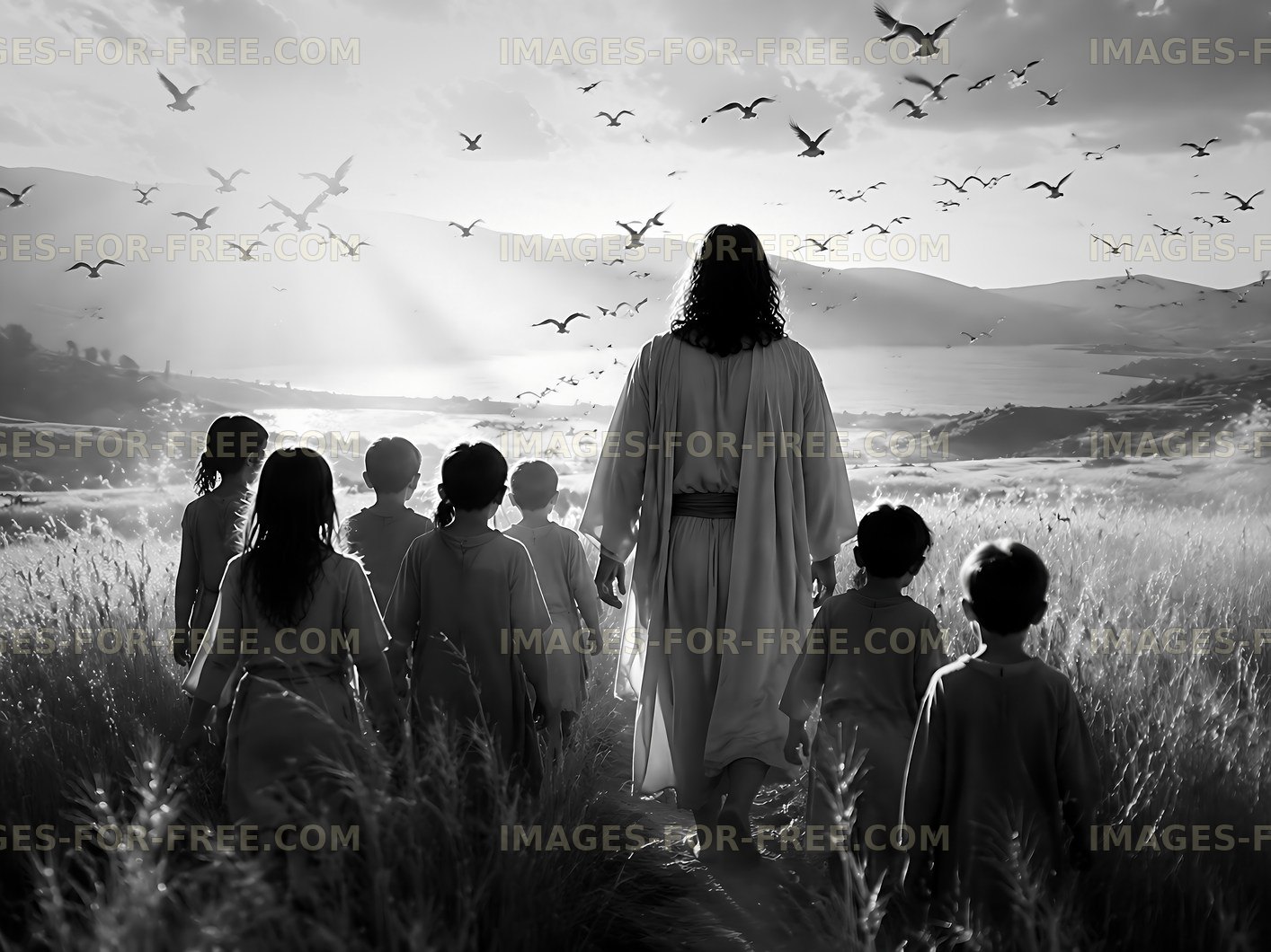 Walking with children in a field towards a lake
