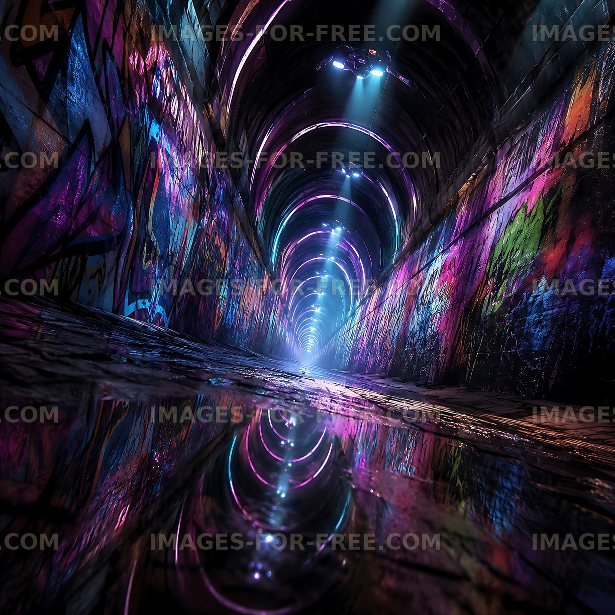 Graffiti tunnel with bright lights and reflections on the floor