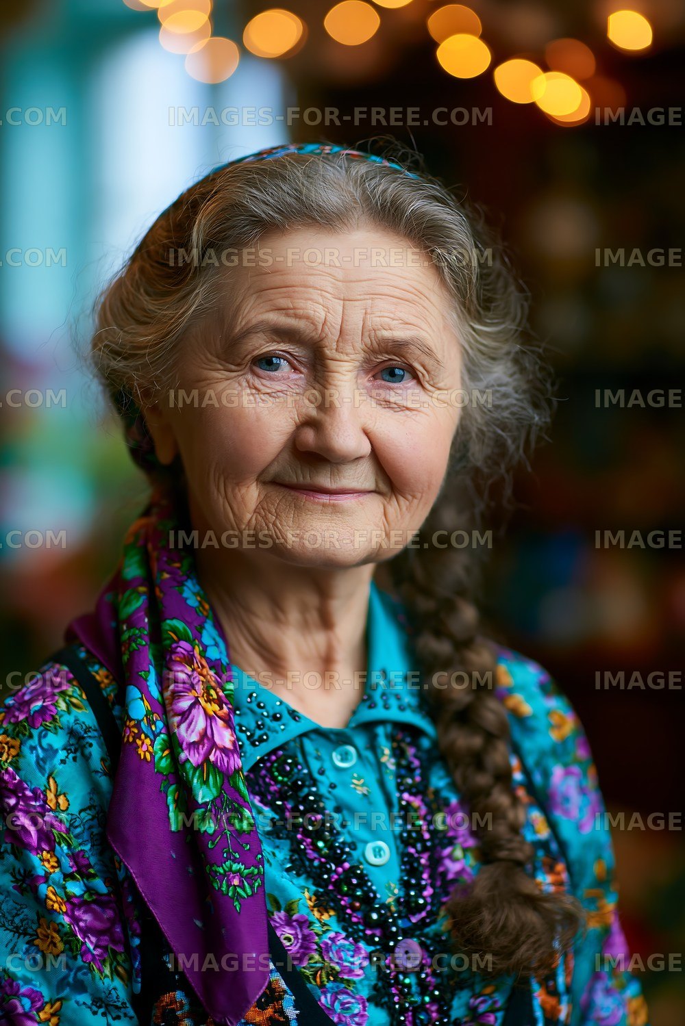 Elderly woman with braids and colorful scarf smiling indoors