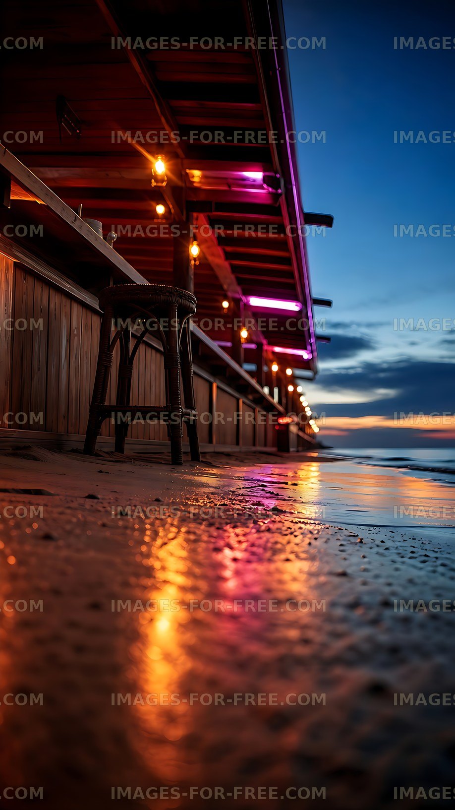 Vibrant beachside bar with sunset reflections on wet sand