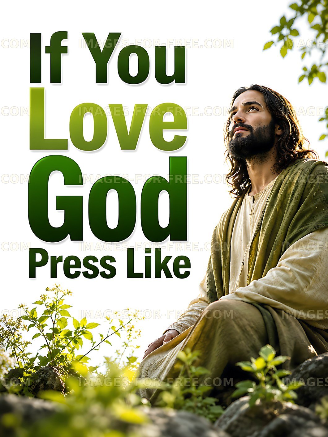 Jesus sitting among greenery with a message on love for God