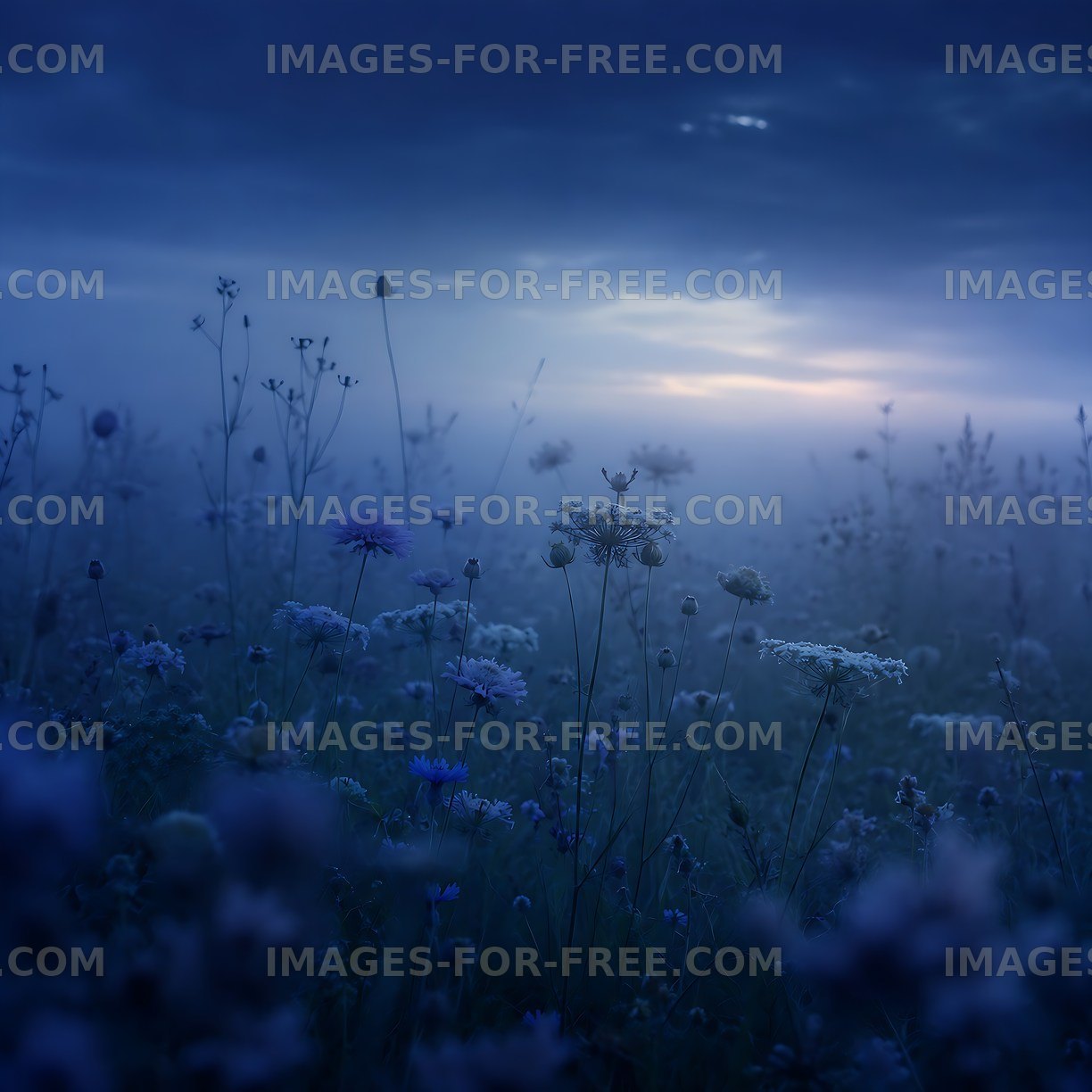 Flower field at dusk with fog and soft light