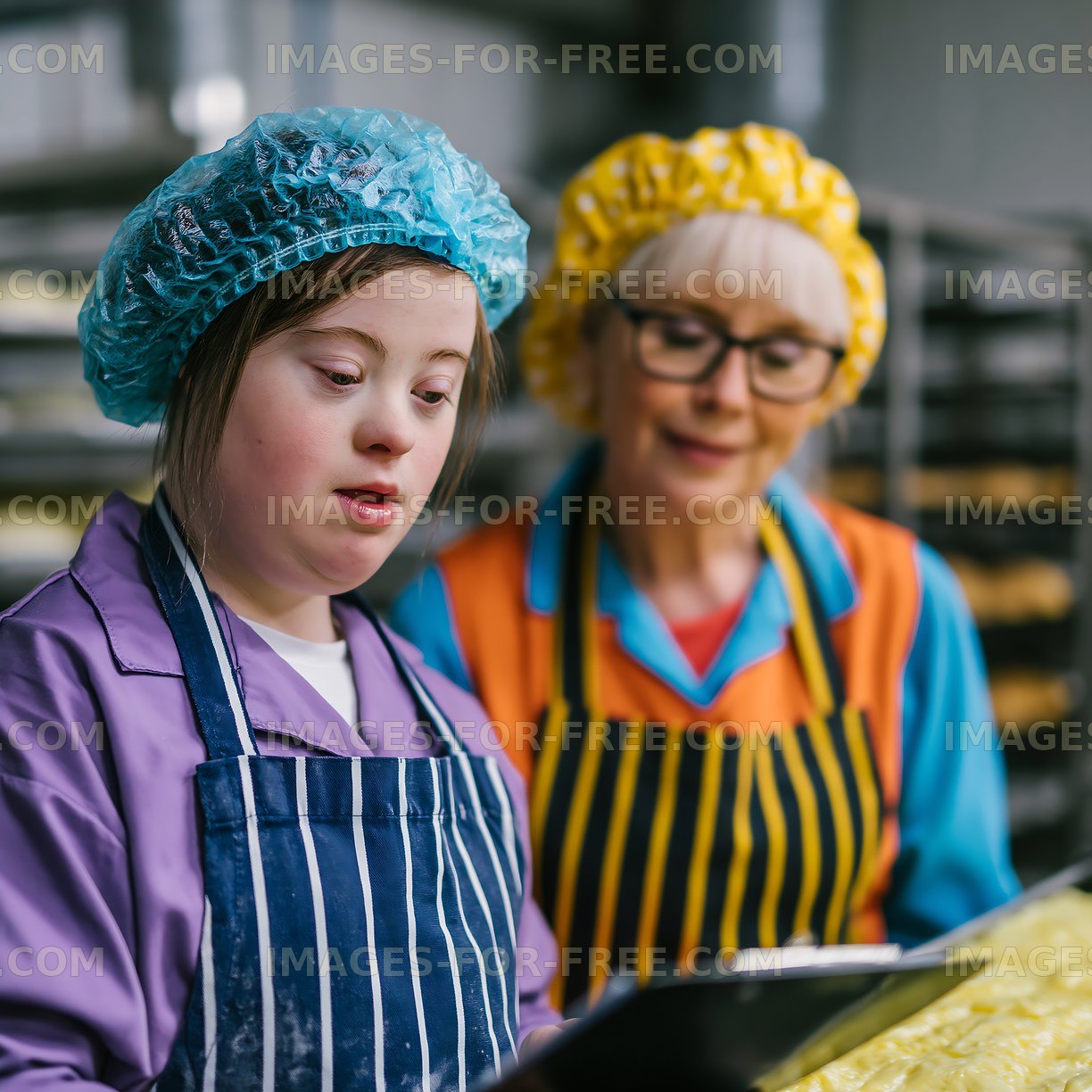 Baking process with mentor and student in a kitchen
