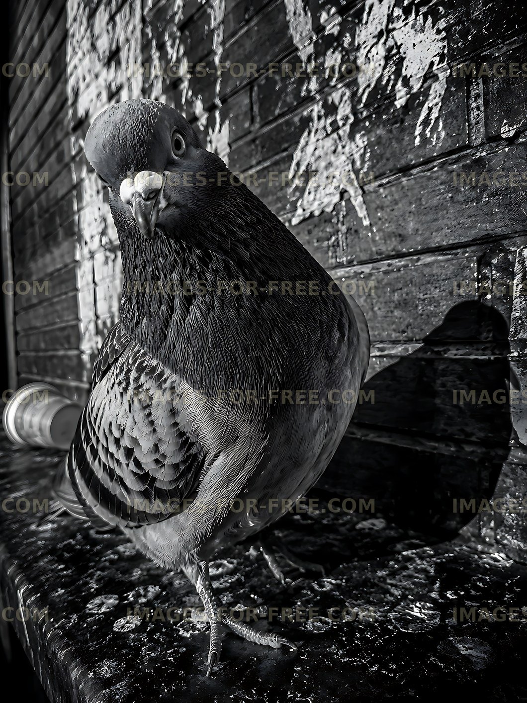 Pigeon standing on a wet surface with a weathered wall behind