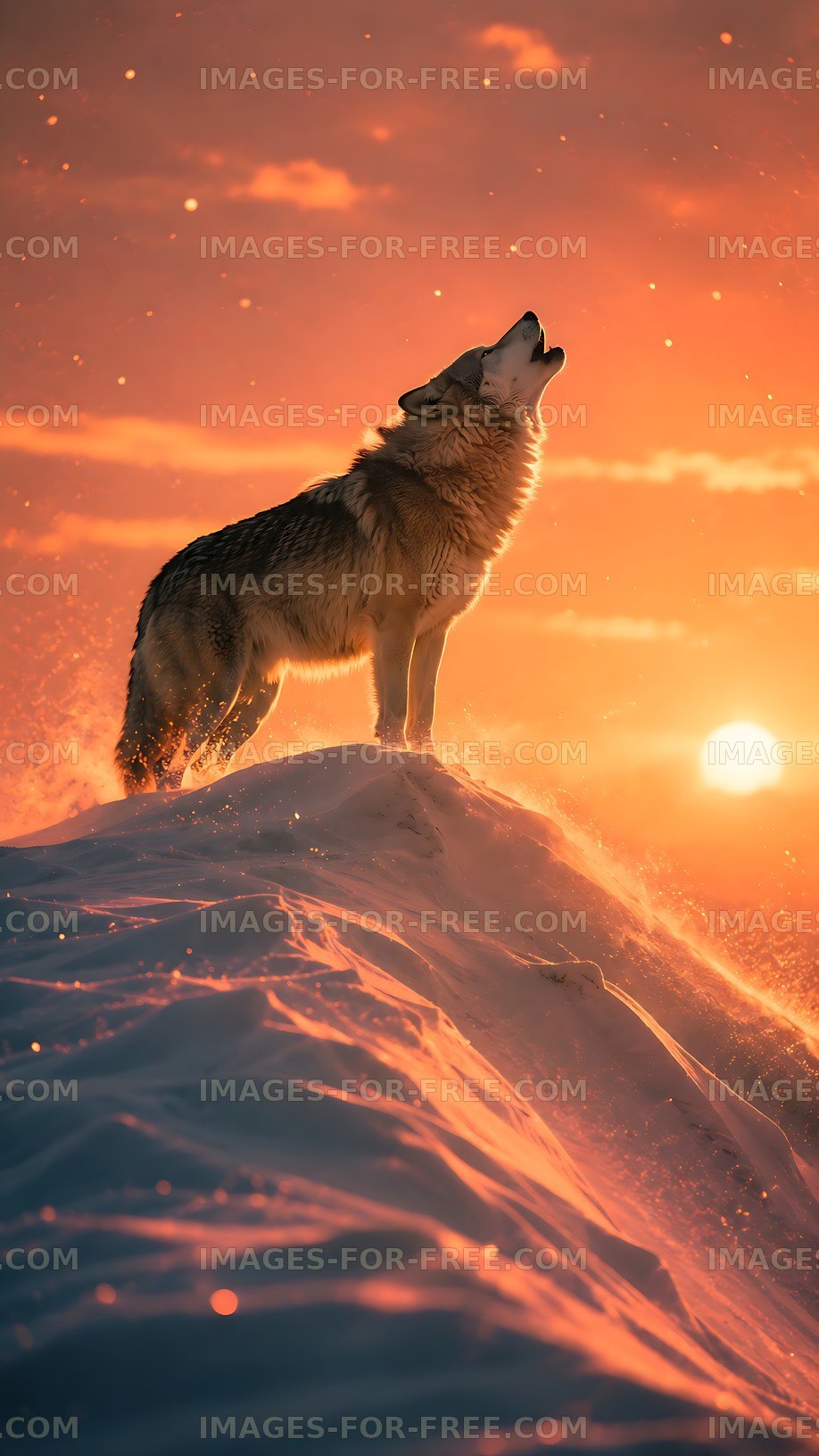 Wolf howling at sunset on a snow-covered hill