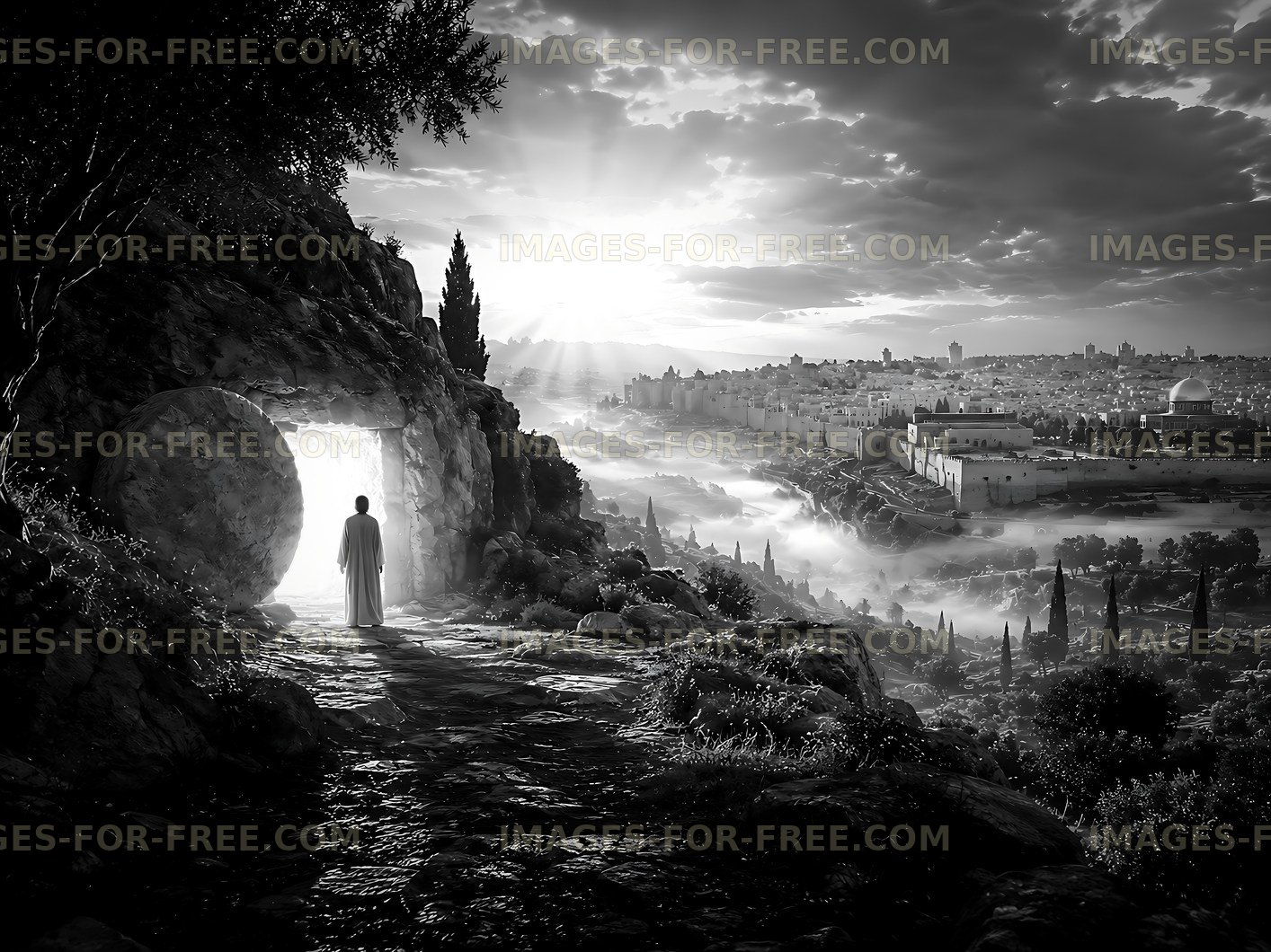 Scene of resurrection near ancient tomb with city view
