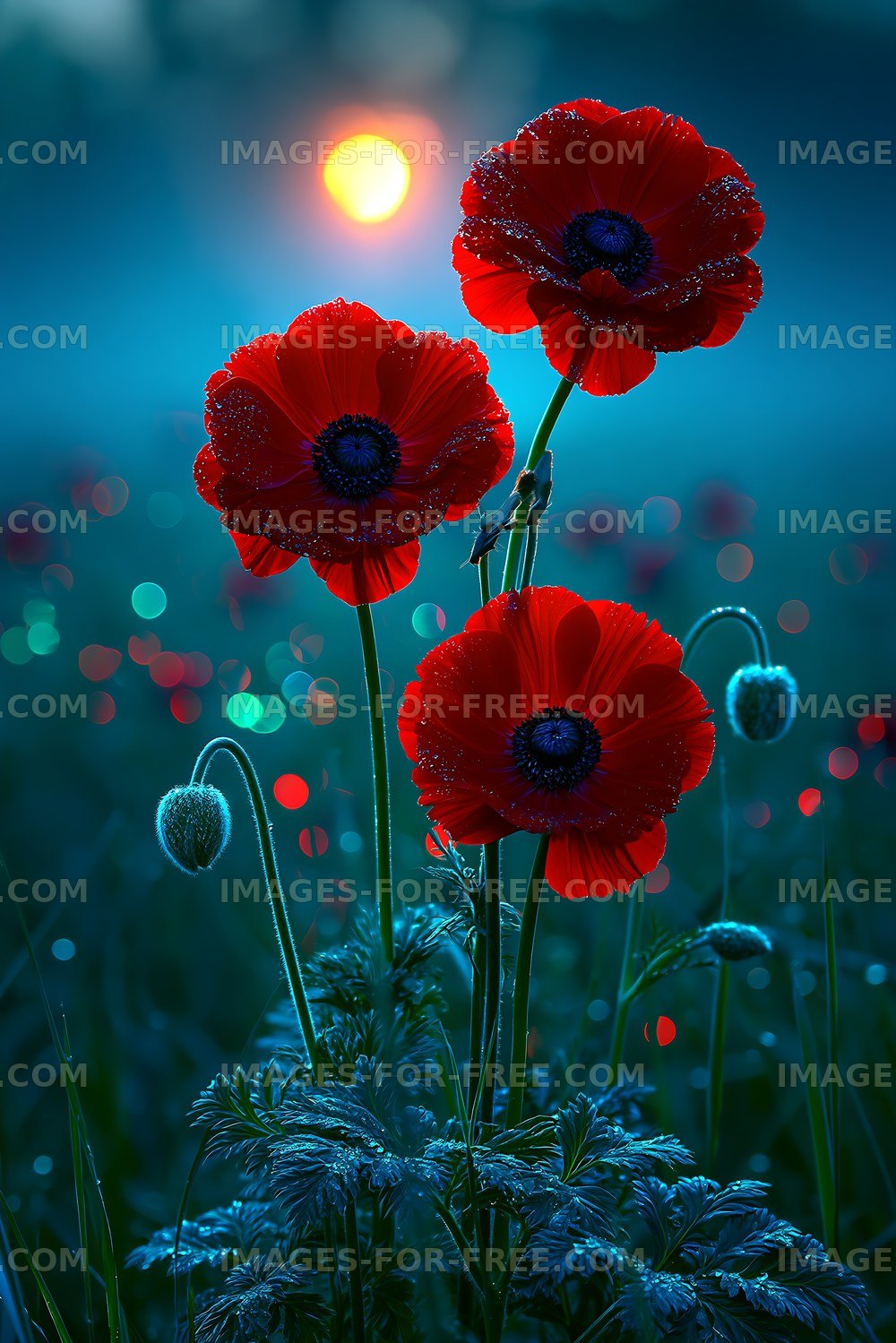 Three red flowers in a field at dawn