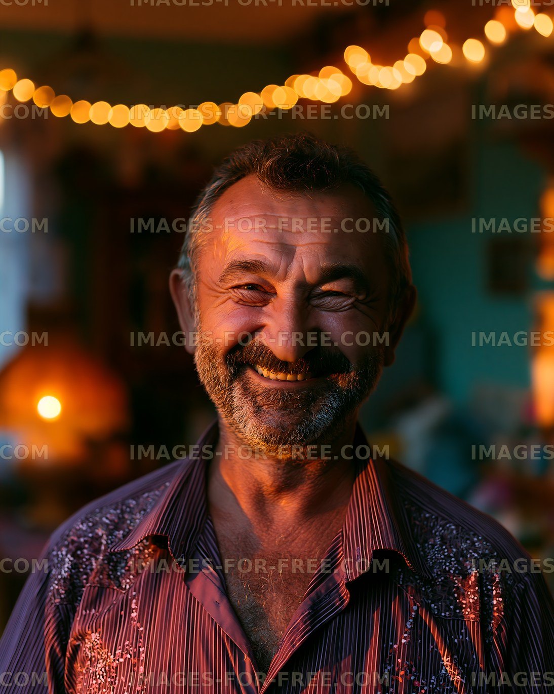 Smiling man with beard in a room lit by soft lights