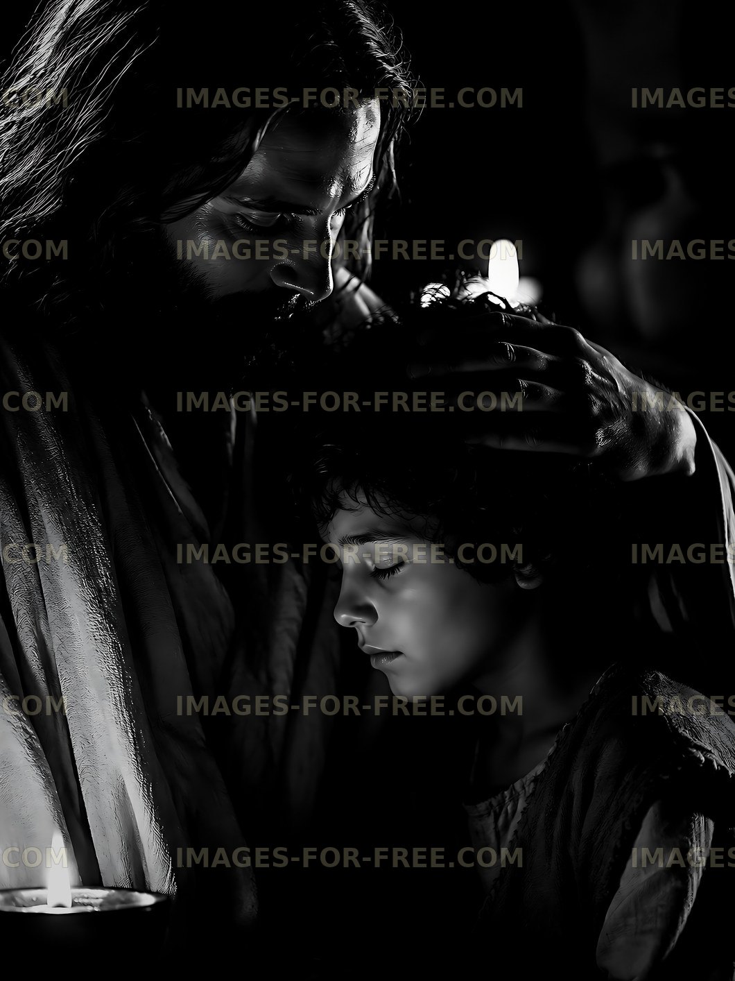 Father and son share a moment in dim light