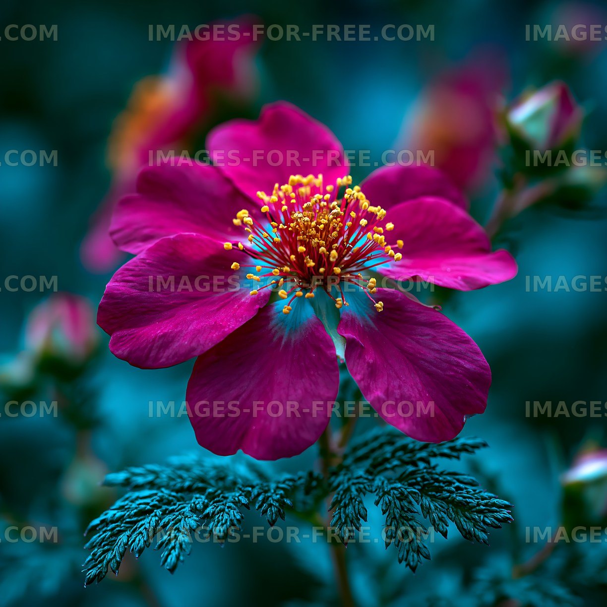 Bright magenta flower with yellow pollen on green leaves