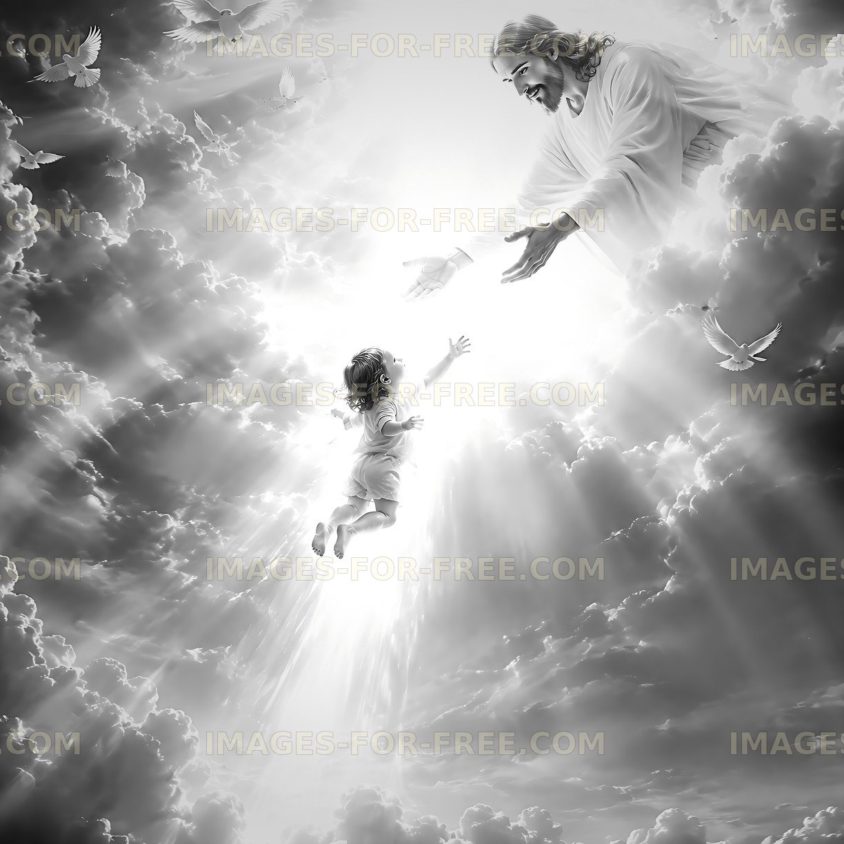 Child reaching toward a figure in the clouds