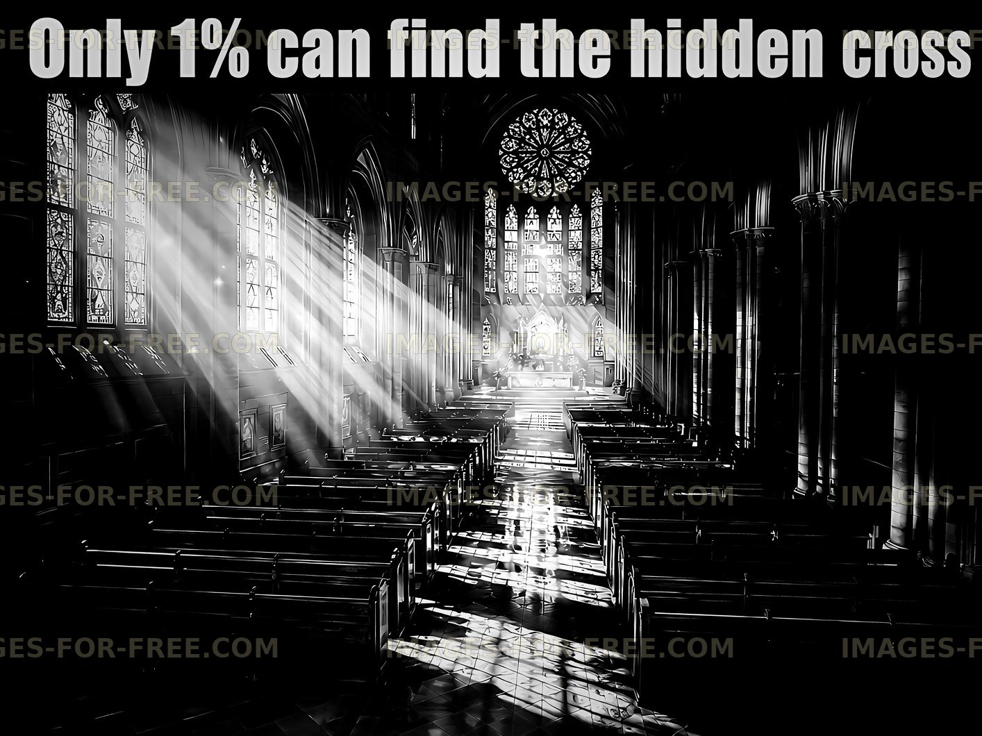 Hidden cross in a church with light streaming through stained glass