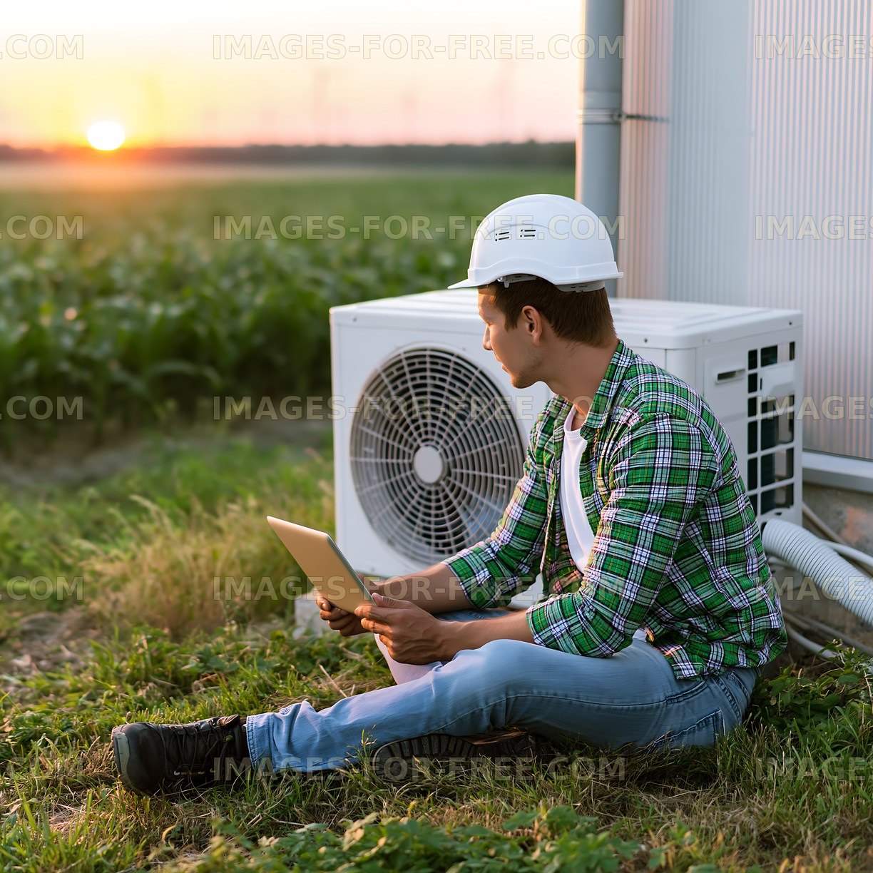 Worker reviewing data near air conditioning unit at sunset