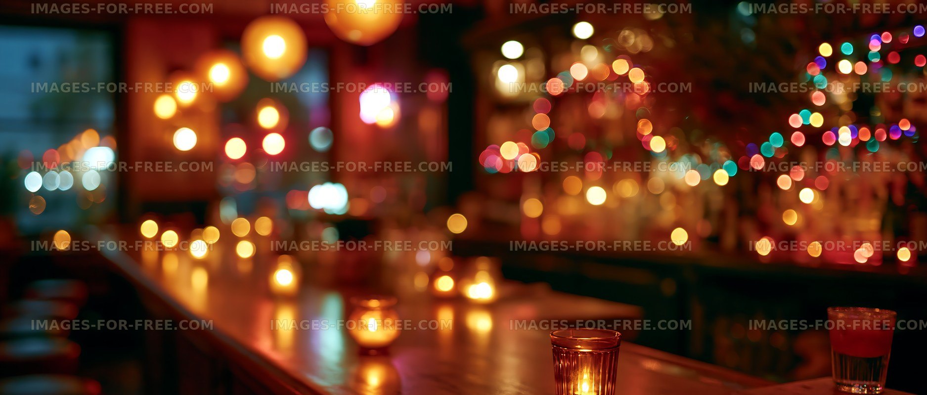 Warm lights and candles at a busy bar in the evening