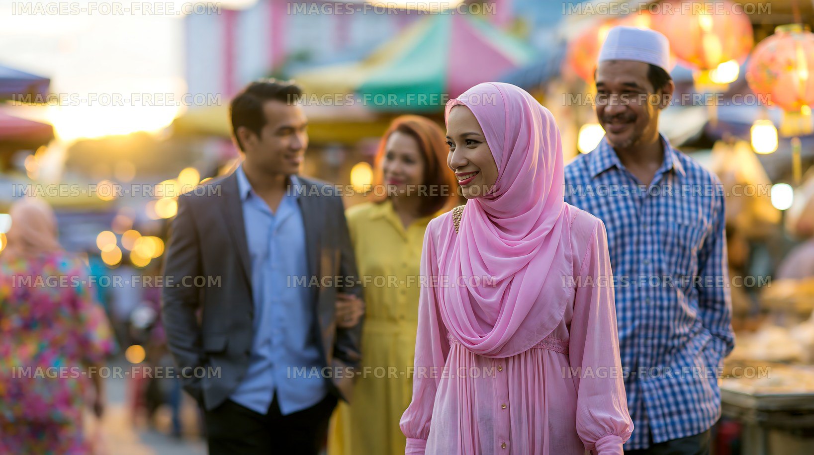 People walking through a vibrant market during sunset