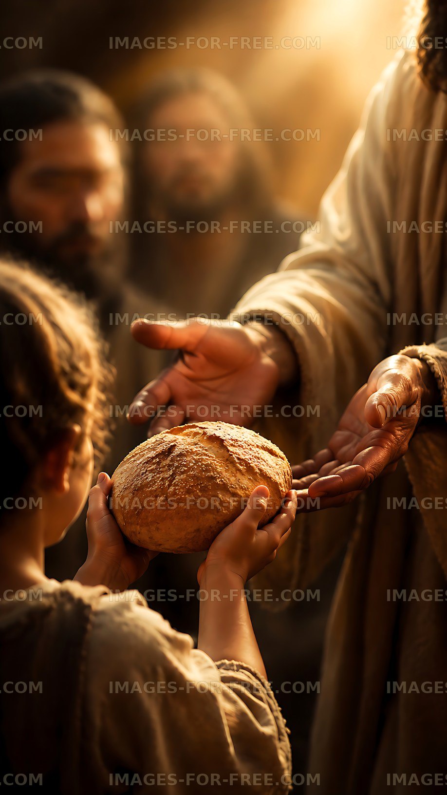 Child receiving bread from a figure in soft light