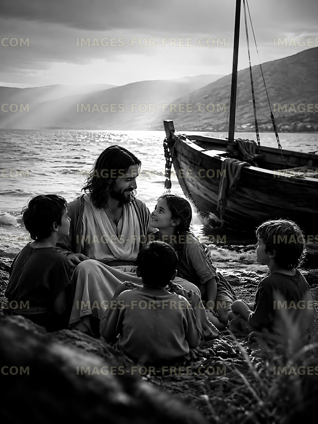 Jesus sits with children by the shore near a boat