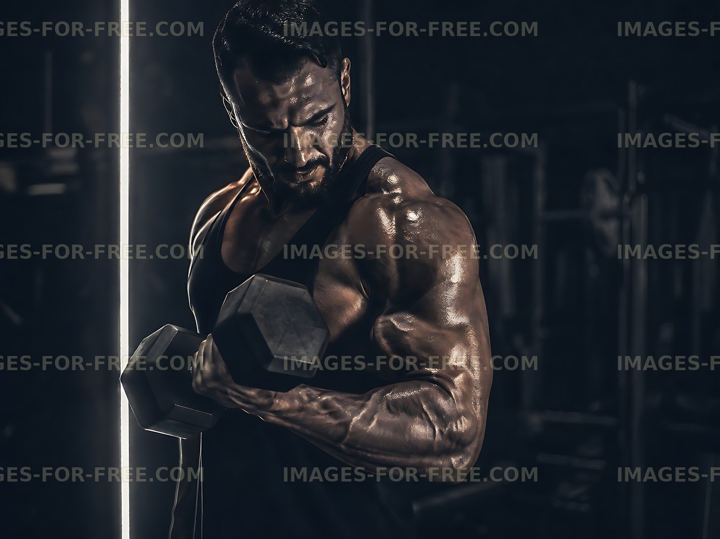 Muscular man lifting dumbbell in dark gym