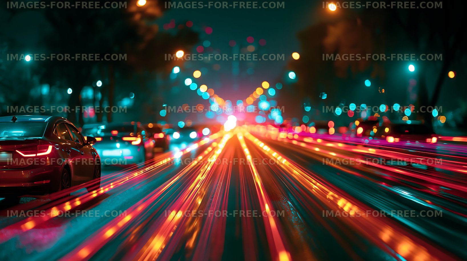 Nighttime city street with light trails from moving cars