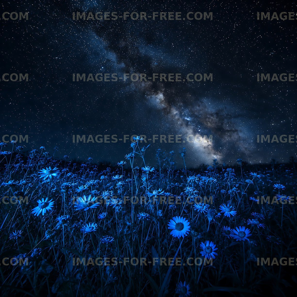 Night sky with stars and blue flowers in a field