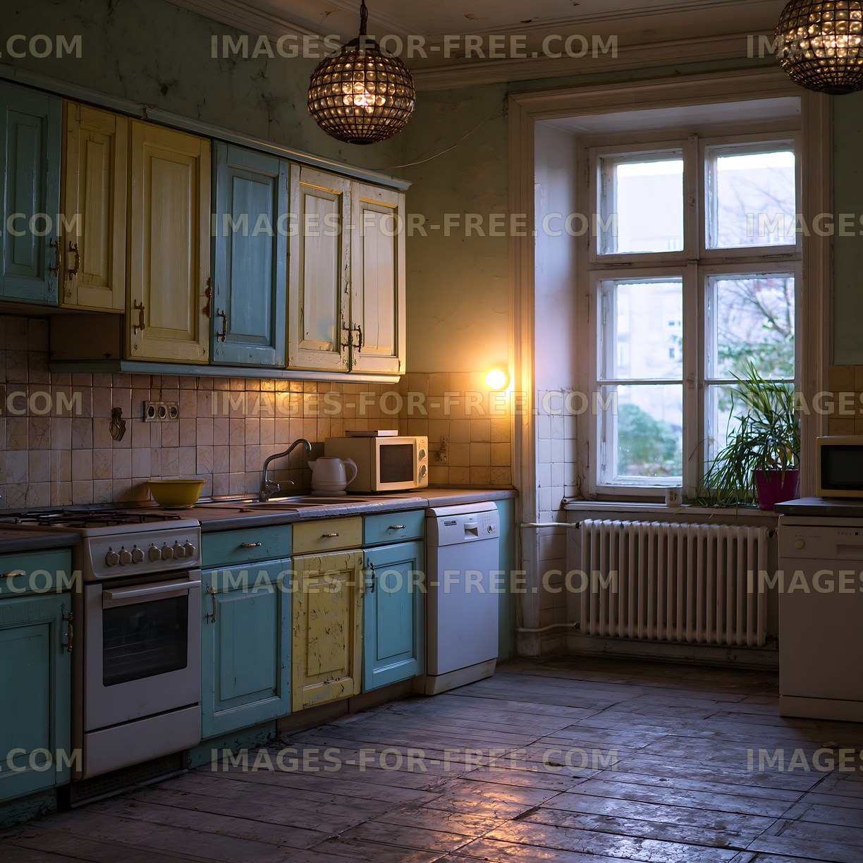 Old kitchen with blue and yellow cabinets in muted lighting