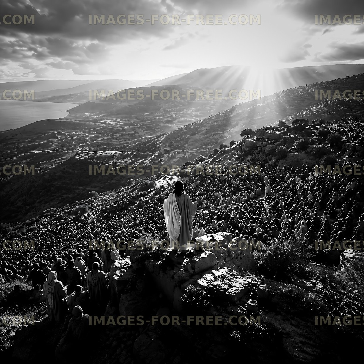 Crowd on hillside during sunset with figure in white robe