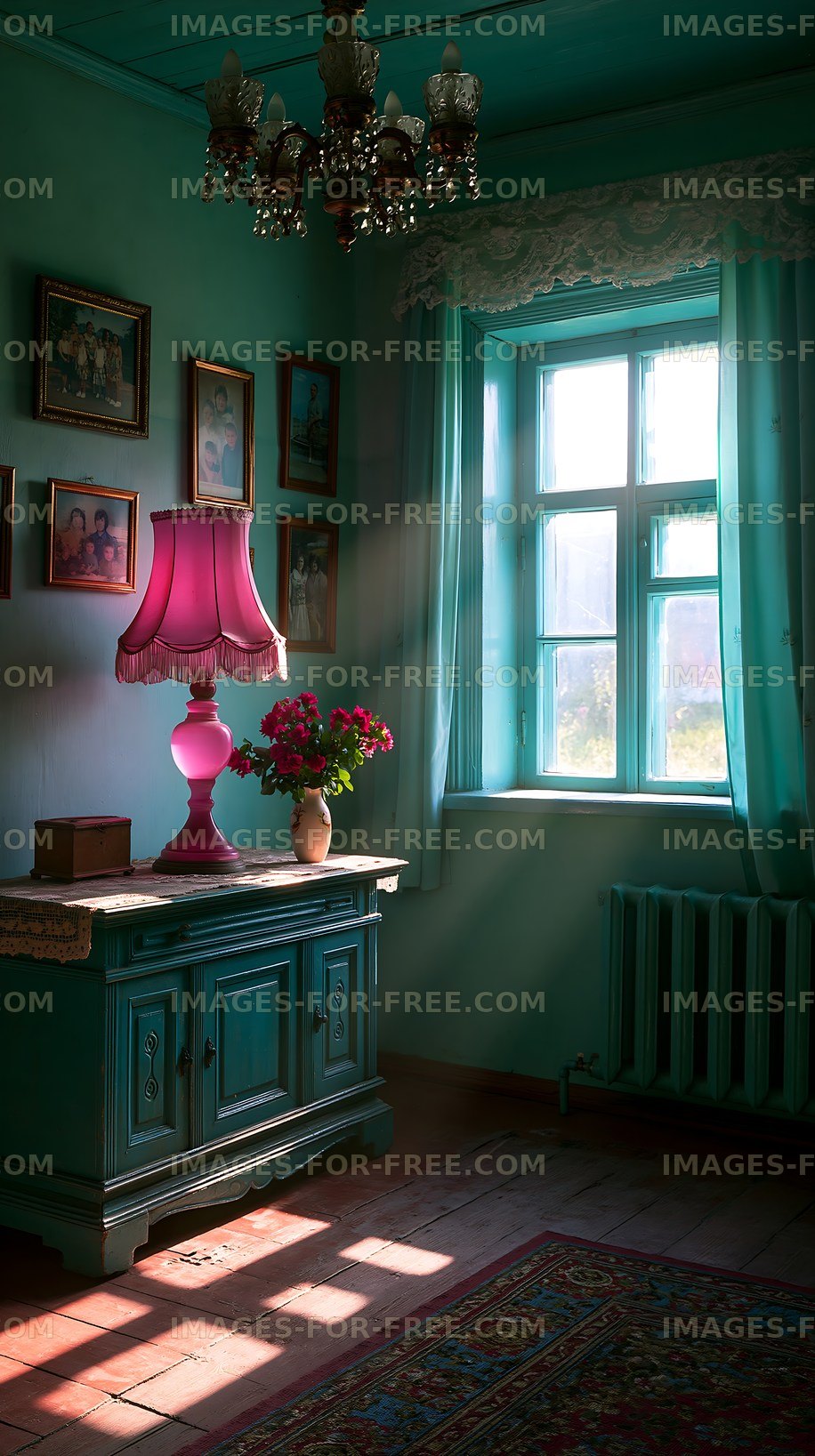 Quiet room with teal walls and warm light