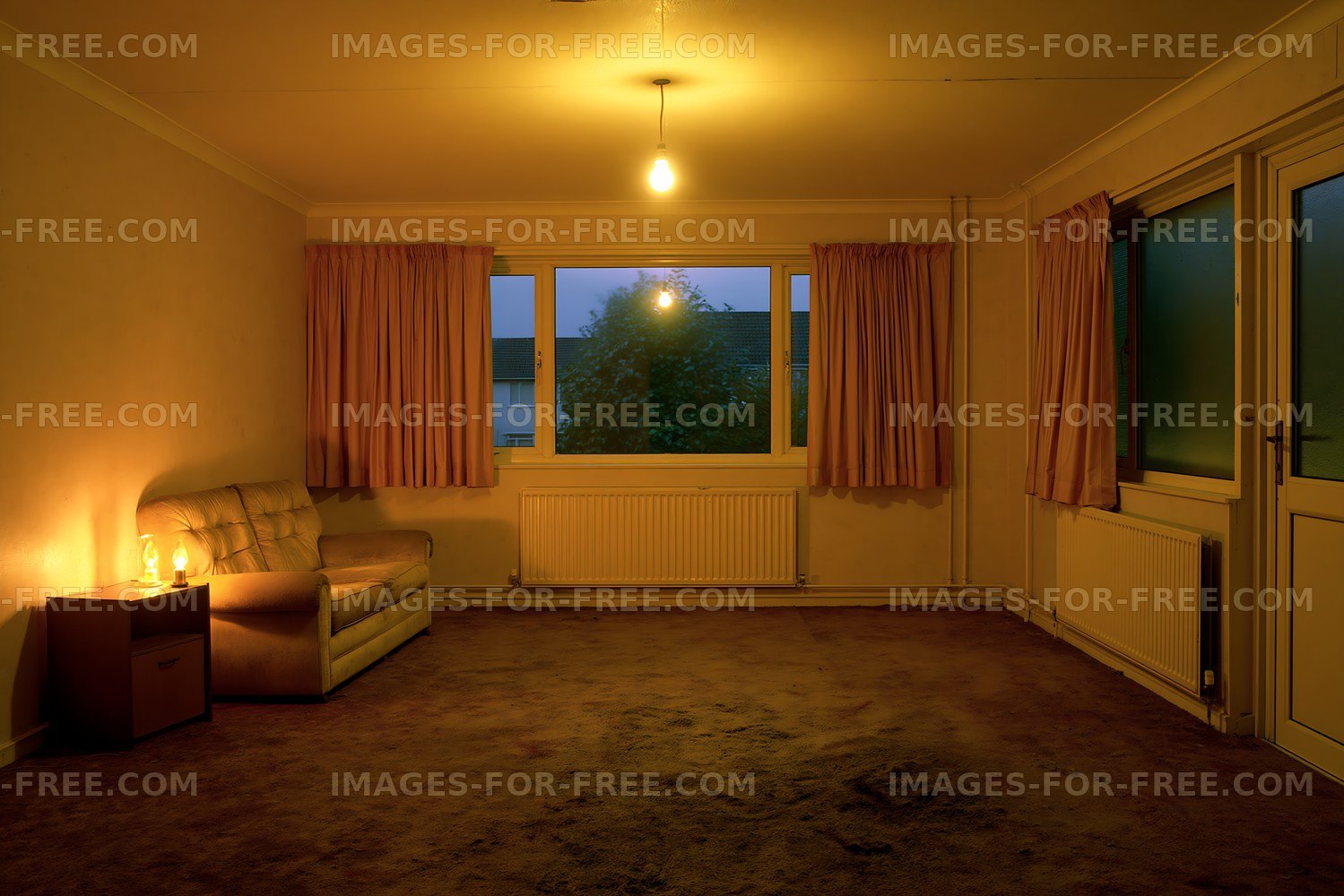 Living room with warm light at dusk