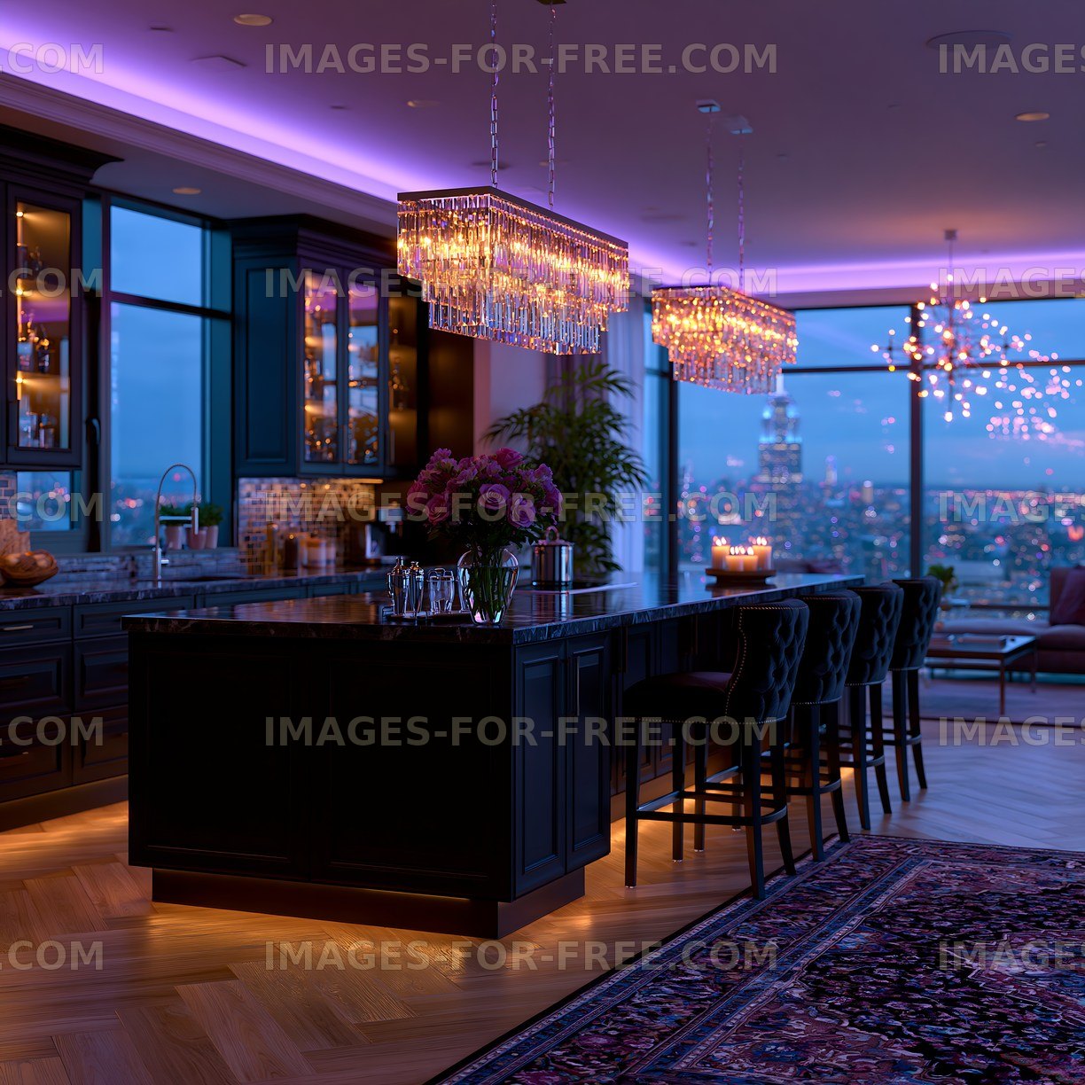 Luxury kitchen with city skyline view at dusk