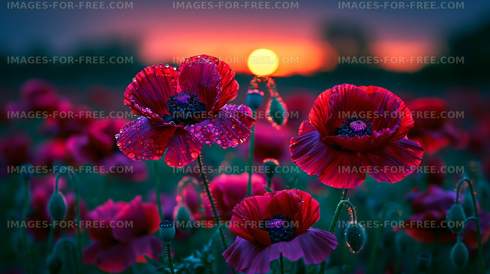 Vibrant red poppy flowers bloom at sunset