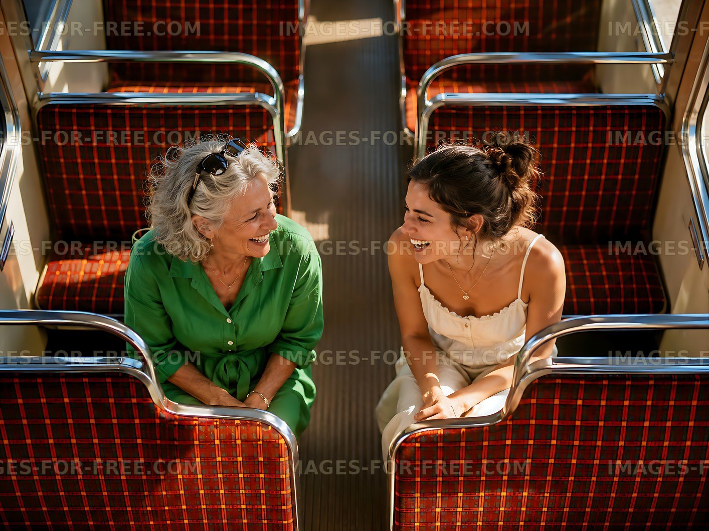Two women sharing a laugh on a public transport seat