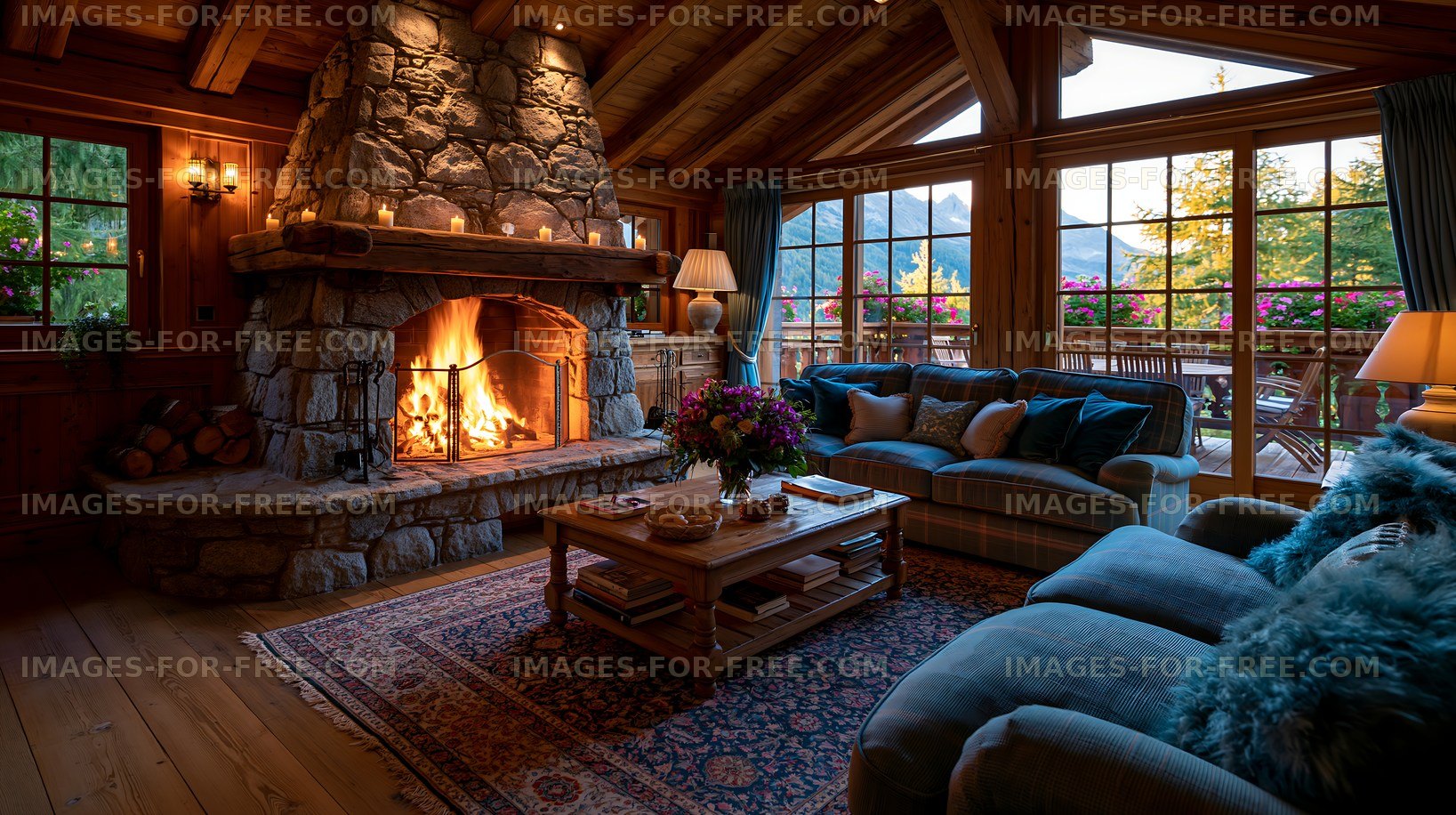 Cozy living room with a stone fireplace and wooden decor