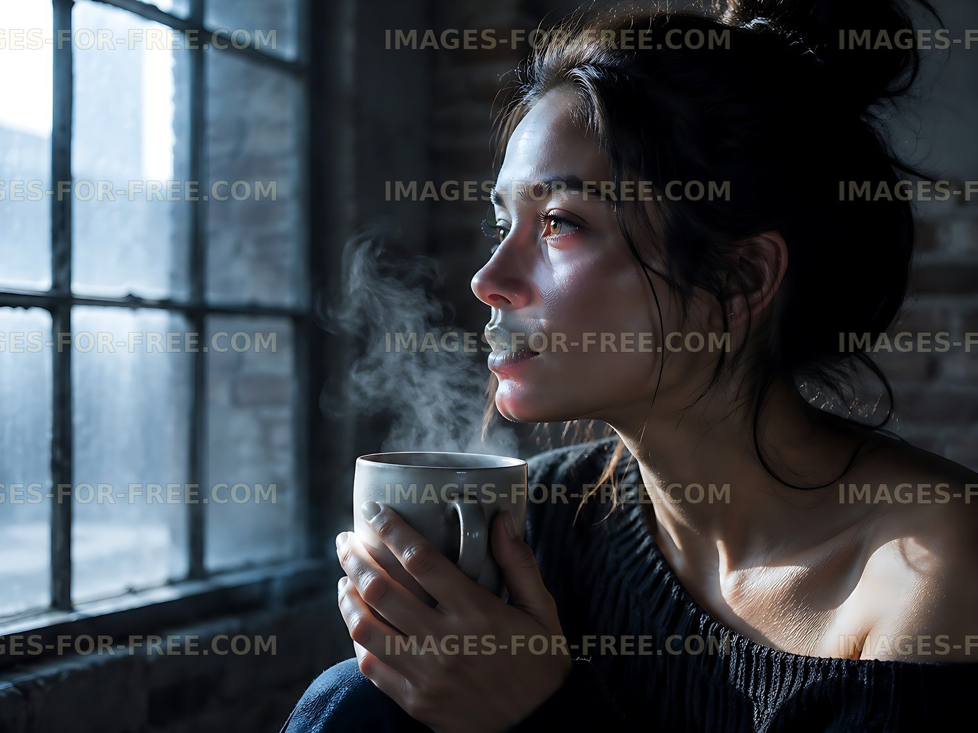 Woman holding cup of hot drink by window with steam rising