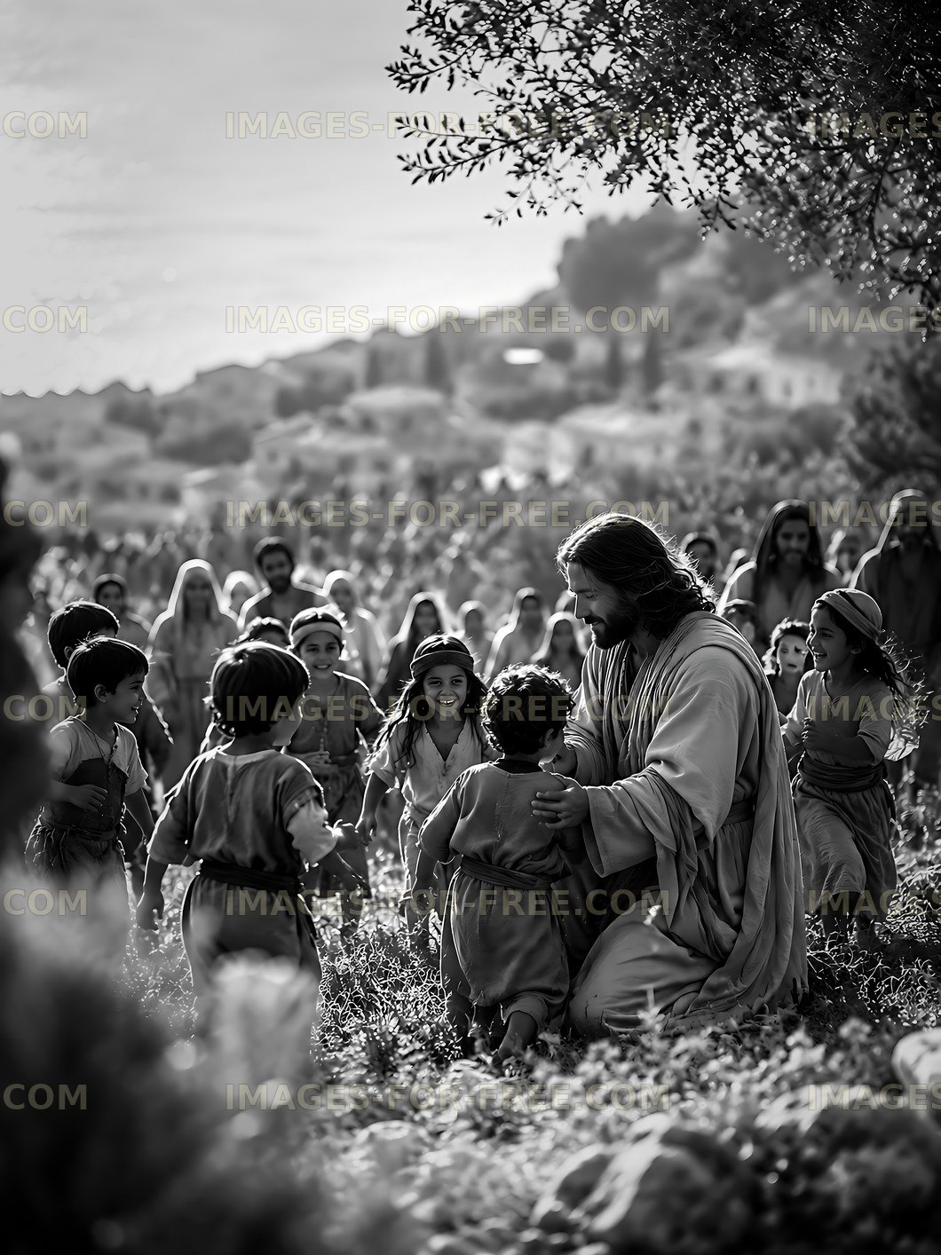 Crowd of children gathering around a figure in a natural setting