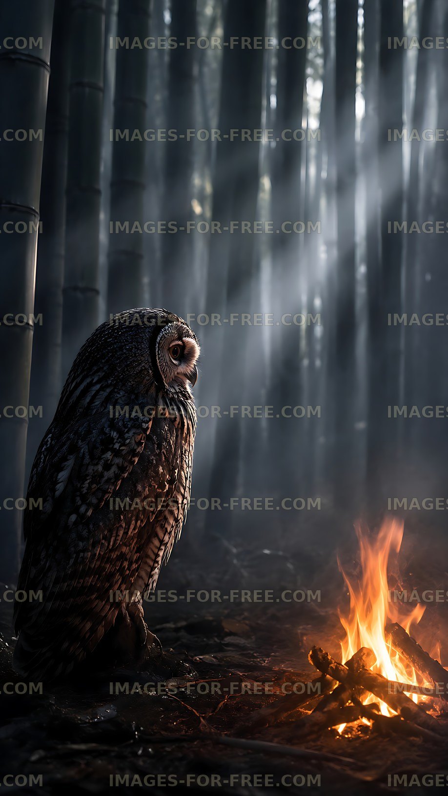 Owl observing a fire in a dark forest