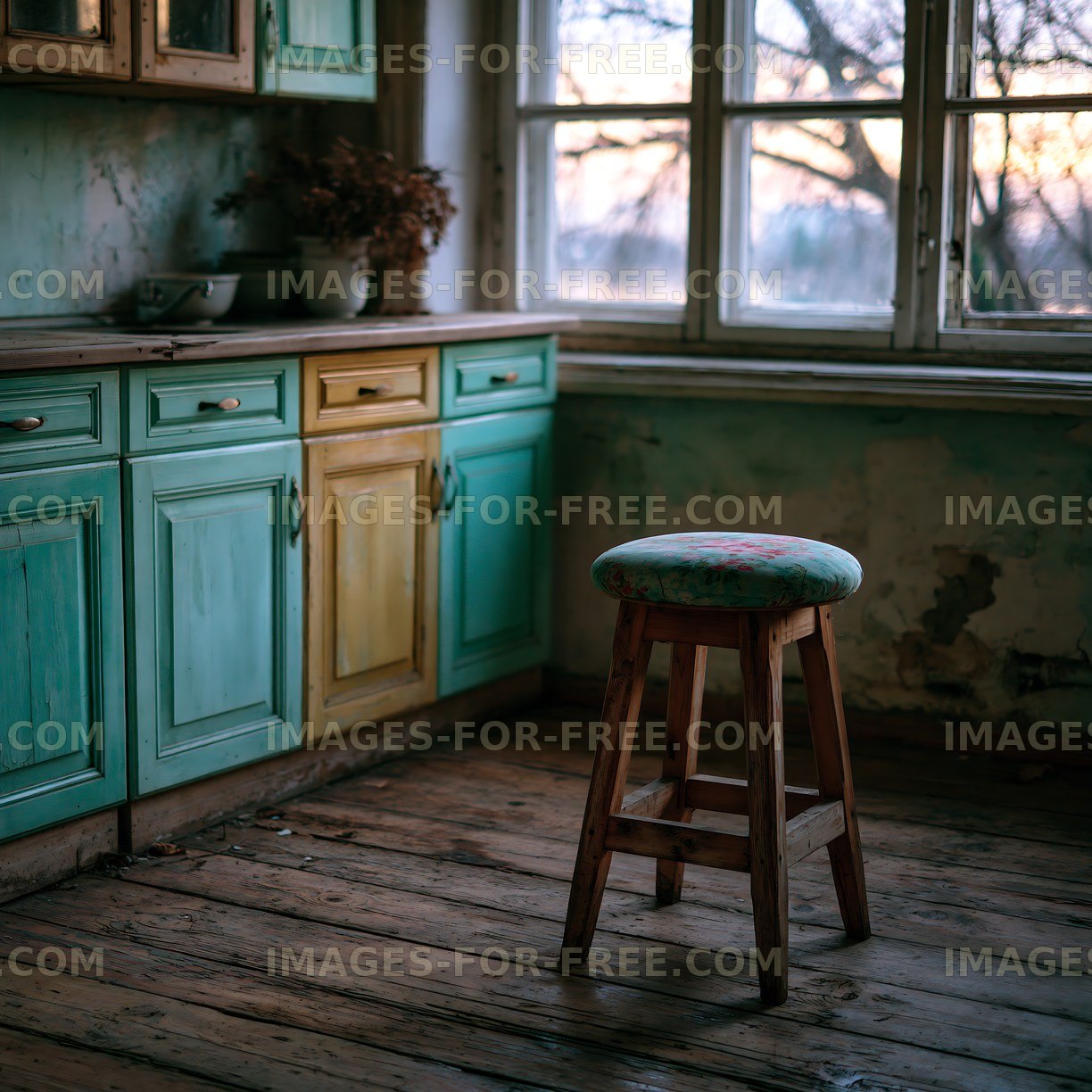 Rustic kitchen with wooden stool and colorful cabinets